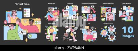 Concetti completi di team virtuali illustrati in un set vivace, dal lavoro remoto alle riunioni online, che catturano l'essenza della collaborazione digitale. Illustrazione vettoriale piatta Illustrazione Vettoriale