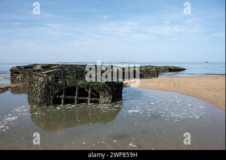 Dettaglio di un frammento del porto artificiale Mulberry dall'operazione Overlord D-Day. È mezzo sepolto e bloccato sulla spiaggia, è pieno di muschio Foto Stock