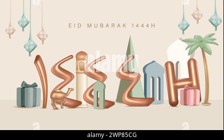 Traduzione : felice Eid al Fitr. Pallone d'oro 3D 1445 per Eid Mubarak poster Design con fuochi d'artificio e regalo Green Box su sfondo verde isolato Illustrazione Vettoriale