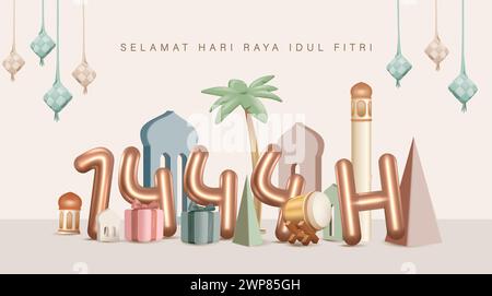 Traduzione : felice Eid al Fitr. Pallone d'oro 3D 1445 per Eid Mubarak poster Design con fuochi d'artificio e regalo Green Box su sfondo verde isolato Illustrazione Vettoriale