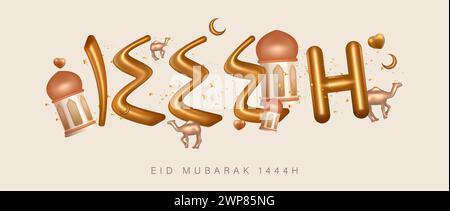 Traduzione : felice Eid al Fitr. Pallone d'oro 3D 1445 per Eid Mubarak poster Design con fuochi d'artificio e regalo Green Box su sfondo verde isolato Illustrazione Vettoriale