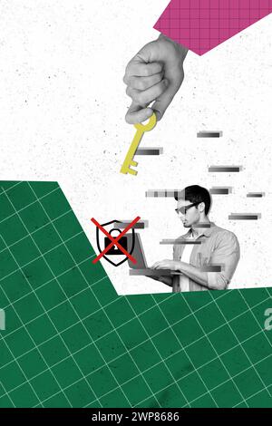 Immagine collage composita di chiave per laptop con password di sicurezza e firma sul computer di sicurezza strana bizzarra fantasia insolita Foto Stock