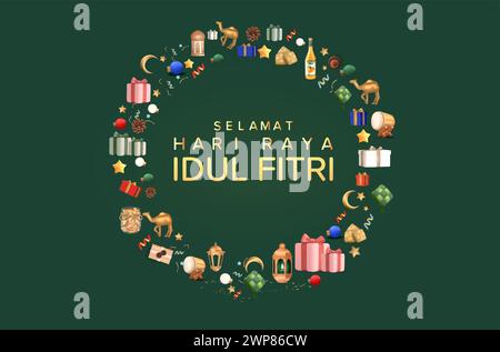 Traduzione : felice Eid Mubarak. Decorazioni EID Mubarak ghirlande luminose e Ketupat sospeso Illustrazione Vettoriale