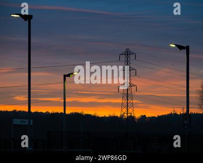 Amo i tralicci elettrici; trovo le loro forme astratte e stravaganti infinitamente affascinanti. Qui ne vediamo alcuni in un campo lontano in basso Radley, silhouette Foto Stock