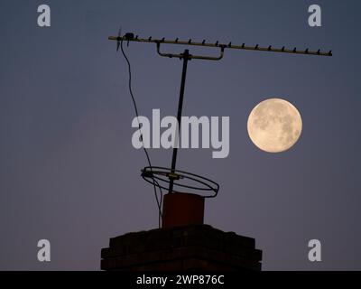 Una luna piena di Beaver si trova sui tetti della mia casa a Radley Village. Beaver Moon è il nome convenzionale per la luna piena di novembre; alcuni f Foto Stock