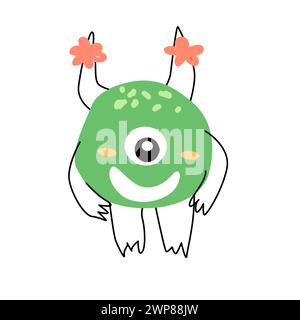 Simpatico personaggio della bambina mostro di colore verde. L'illustrazione vettoriale può essere utilizzata per banner, sfondo per il compleanno del bambino, biglietto d'auguri, poster per interni Illustrazione Vettoriale