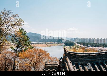 Vista del parco del fiume Miryang da Yeongnamnu a Miryang, Corea Foto Stock