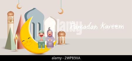Marhaban Ya Ramadan significa benvenuto al mese di Ramadhan. Ramadhan Kareem poster Template con Moslem Boy and Girl felicemente accogliente Ramadhan Event Illustrazione Vettoriale
