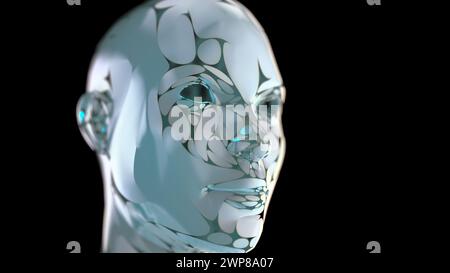 rendering 3d di una testa bianca cibernetica femminile, intelligenza artificiale Foto Stock