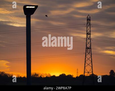 Amo i tralicci elettrici; trovo le loro forme astratte e stravaganti infinitamente affascinanti. Qui ne vediamo alcuni in un campo lontano in basso Radley, silhouette Foto Stock