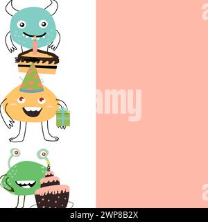 Modello di tessera celebrativa con mostri. Illustrazione vettoriale di simpatici personaggi scarabocchi per il design dell'invito, sfondo del menu, biglietto di auguri. Illustrazione Vettoriale