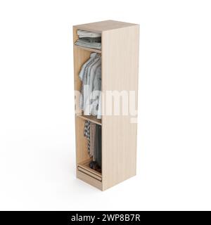 Rendering 3D di un armadio in legno con abiti appesi su sfondo bianco Foto Stock
