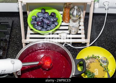 Una teglia con purea di prugne montata con frullatore e condimenti per preparare la salsa tkemali, vista dall'alto. Foto Stock