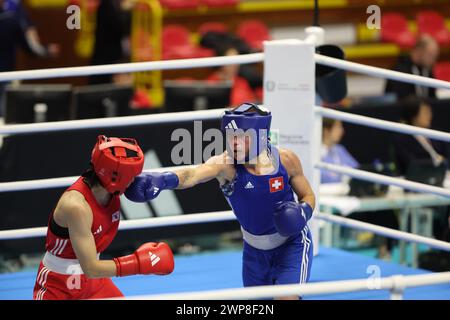 Busto Arsizio, Italia, martedì 6 marzo 2024. OH YEONJI (COREA), V (SVIZZERA) durante la Boxing Road per Parigi, e-Work Arena, Busto Arsizio. Crediti: Mattia Martegani/Alamy Live News Foto Stock