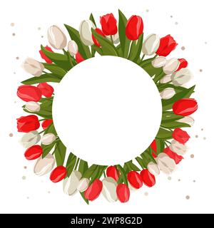 Cornice rotonda a molla con tulipani bianchi rossi per parole e testo. Modello di sfondo vettoriale con fiori per design, biglietto d'auguri, banner, tabellone, volantino, Illustrazione Vettoriale