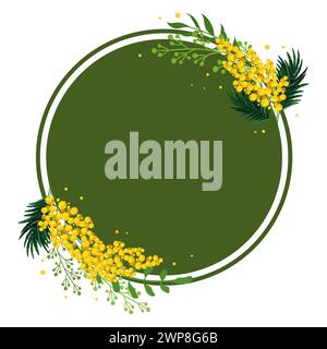 Cornice verde rotonda con tulipani gialli e mimosa per parole e testo. Modello di sfondo vettoriale con fiori per design, biglietto d'auguri, striscione, Illustrazione Vettoriale