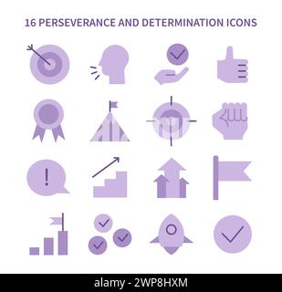 Set di icone di perseveranza e determinazione. Una raccolta di simboli che rappresentano obiettivi, risultati e il percorso della resilienza. Elementi essenziali per i temi motivazionali. Illustrazione vettoriale piatta Illustrazione Vettoriale