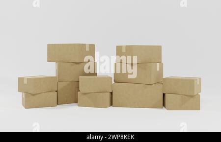 Realistico set di mockup in cartone da un lato, vista frontale aperta e chiusa isolata su sfondo bianco. Modello di imballaggio dei pacchi. Rendering 3D. Cellulare Foto Stock