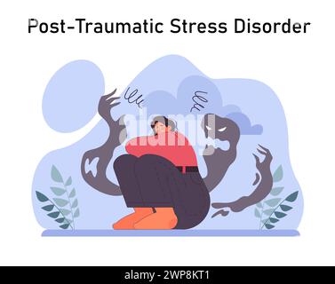 Disturbo da stress post traumatico. Personaggio femminile che soffre di disturbi mentali, che si occupa di disperazione, paura e dolore. Ansia e depressione. Illustrazione vettoriale piatta Illustrazione Vettoriale