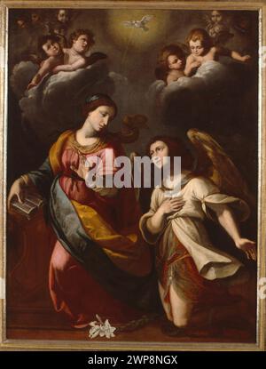 Annunciazione di Francisco de Zurbarán, XVII secolo, raffigurante l'angelo Gabriele che annuncia alla Vergine Maria, con attenzione alla luce, ai tendaggi e al simbolismo religioso. Foto Stock