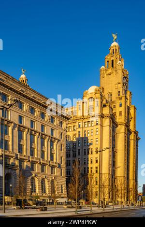 L'edificio Liver e l'edificio Cunard Liverpool Waterfront nelle prime ore d'inverno Foto Stock