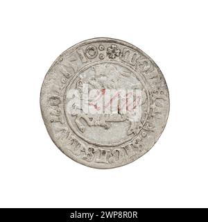 Penny lituano coniato nel 1510 durante il regno di Zygmunt i Stary, re di Polonia (1506-1548), una moneta d'argento usata nel commercio e nelle transazioni quotidiane. Foto Stock