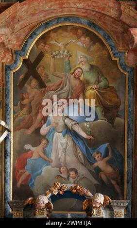 Incoronazione della Vergine Maria, dipinto sull'altare maggiore nella chiesa parrocchiale della Santissima Trinità a Klenovnik, Croazia Foto Stock