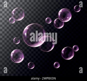 Realistiche bolle di sapone rosa trasparente con riflessi arcobaleno. Composizione isolata dell'insieme. Illustrazione Vettoriale