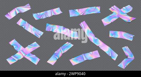 Nastri olografici a colori in lamina realistici set di illustrazioni vettoriali. Collezione di strisce metalliche brillanti. Progettazione di elementi 3d su sfondo trasparente Illustrazione Vettoriale