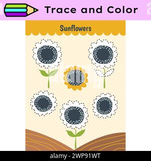 Foglio di lavoro attività linee di traccia penna per bambini. Controllo a matita per bambini che praticano abilità motorie. Foglio di lavoro stampabile per l'istruzione sui girasoli Illustrazione Vettoriale