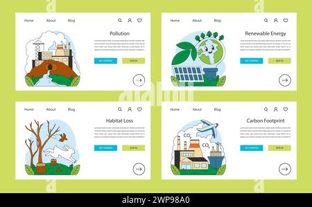 Banner Web ecologici o set di landing page. Influenza umana. Inquinamento ambientale, ecotossicologia e minacce alle specie invasive. Impatto del cambiamento climatico. Illustrazione vettoriale piatta Illustrazione Vettoriale