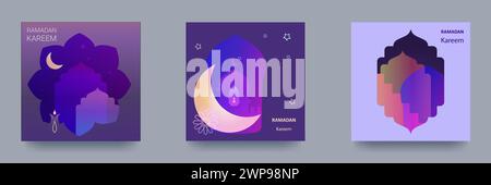 Set di poster Ramadan Kareem, copertine per le festività, opuscoli. Design contemporaneo in vibranti sfumature con moschea, mezzaluna, motivi tradizionali, wi-fi ad arco Illustrazione Vettoriale