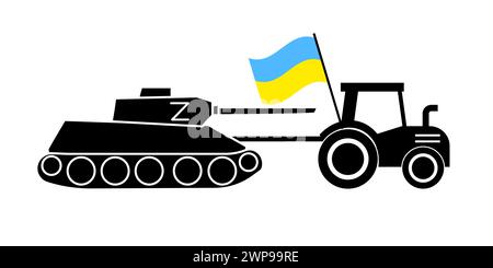 Un trattore ucraino tira un carro armato russo. Manifesto di guerra in Ucraina. Crisi militare Ucraina-russia. Illustrazione vettoriale. immagine stock. EPS 10. Illustrazione Vettoriale