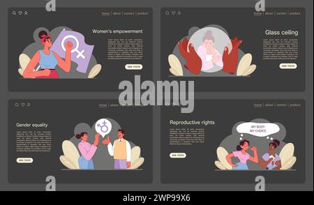 Empowered woman raising female symbol; individual breaking free from barriers; promoting equality; advocating for choice. Feminism movement. Flat vector illustration. Illustrazione Vettoriale