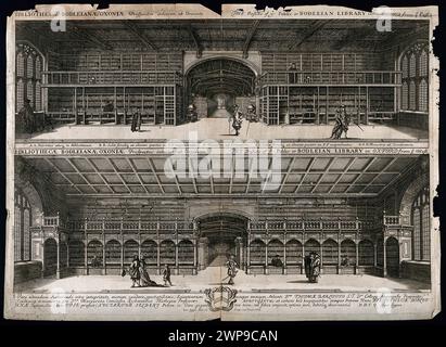 Interno della biblioteca Bodleiana, Oxford, incisione vintage di David Loggan, anni '1600 Foto Stock