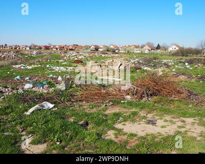 discarica vicino al villaggio. Caotica discarica non ufficiale. Plastica, sacchetti, carta, vetro, rifiuti biologici. Erba verde accanto alla sporcizia. Ecologico Foto Stock