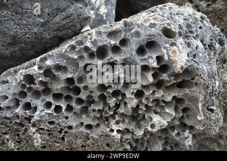 Pietre vulcaniche. Materiale in pietra porosa, arioso e sfuso, cellulare spugnoso. Primo piano di roccia vicino a Meljine, Herceg Novi, Montenegro. Buchi nella lava solidificata. Grigio Foto Stock