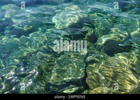 Verde azzurro turchese blu trasparente acqua salata. Vista dall'alto della superficie dell'acqua e delle increspature. Acqua mare onde sfondo. Il fondo roccioso Foto Stock