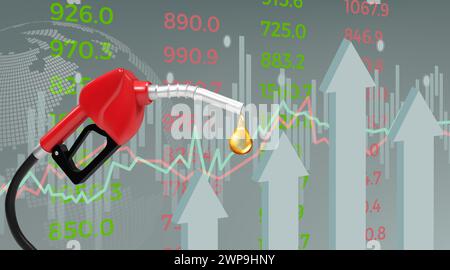 Pompa carburante. Aumento del prezzo della benzina. Infografica sui costi del gas. Gas sull'ugello diesel. Distributore di benzina. Gestione finanziaria. Calo di petrolio industriale. Frecce del diagramma finanziario. Rifornimento di auto. Concetto vettoriale Illustrazione Vettoriale