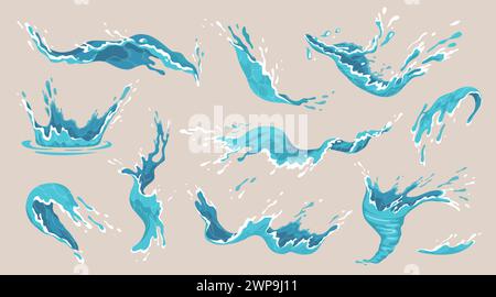 Spruzzi d'acqua. Onde oceaniche, gocce di mare con effetto circolare liquido di turbolenza o spruzzo, flusso 2d, fuoriuscite di bevande o gocce. Pulire l'acqua fresca in movimento. Spruzzi di particelle blu fluenti. Icone dei cartoni animati vettoriali Illustrazione Vettoriale