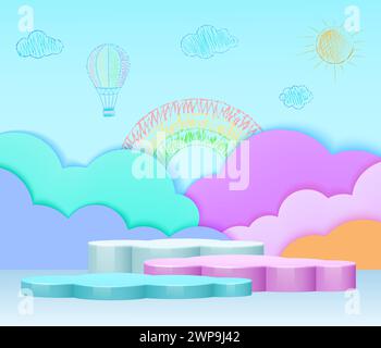 Sfondo del bambino. Simpatici giocattoli pastello 3d per bambini con nuvole e arcobaleno, piattaforma vuota e podio prodotto, cielo felice. Sala bambini pastello per mostre. Studio di rendering, design vettoriale illustrazione minima Illustrazione Vettoriale