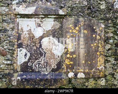 Un'antica pietra tombale attaccata alla cappella Kilnave sul Loch Gruinart, Islay, Scozia, Regno Unito, che fu costruita intorno alla fine degli anni '1300 Foto Stock