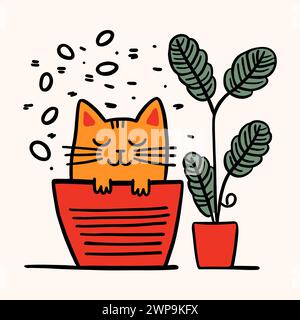Simpatico gatto cartoni animati che dorme in vaso di fiori vicino alla pianta domestica. Accogliente illustrazione vettoriale. Biglietto d'auguri quadrato. Illustrazione Vettoriale