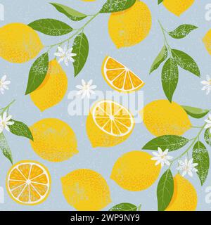 Motivo tropicale senza cuciture con rami e fette di limone. Agrumi. Illustrazione vettoriale in stile vintage Illustrazione Vettoriale