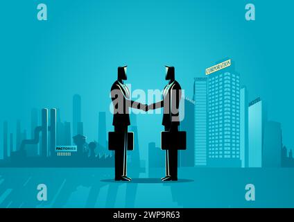 Due uomini d'affari che stringono la mano, sullo sfondo di edifici industriali e aziendali, simboleggiano un accordo e una collaborazione tra aziende. Illustrazione Vettoriale