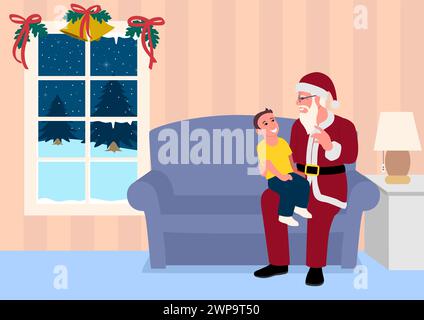 Il nonno amorevole si veste da Babbo Natale e indossa il classico abito rosso per portare gioia e felicità al suo nipotino Illustrazione Vettoriale