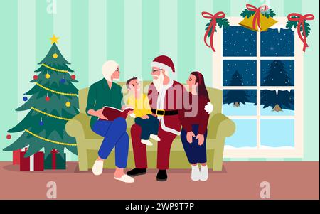 Il nonno amorevole, seduto insieme ai nipoti con il nonno, si veste da Babbo Natale e indossa il classico abito rosso per portare gioia e gioia Illustrazione Vettoriale