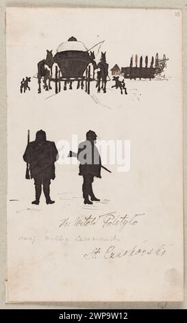 Furmanka va al villaggio, due silhouette di HR. Witold Poletyłło con un fucile; verso: Ritratto di Marceli Skawiński; Czachórski, Stanisław (1853-1904); prima del 1904 (1873-00-00-1904-00-00-00); Poletyłło Witold, Skawiński Marceli, strade rurali, carri, cacciatori, personalità, ritratti, ritratti in pietra, ritratti da uomo, cani, studi sugli animali, vedute del villaggio, acquisto (provenienza), slitte Foto Stock