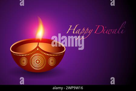L'illustrazione di una diya ardente come ornamento decorativo e sfondo festoso cattura l'essenza di Diwali, il festival delle luci. Perfetto per Illustrazione Vettoriale