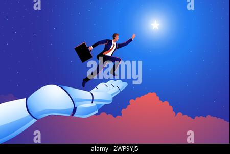 L'illustrazione vettoriale mostra una mano robot che aiuta un uomo d'affari a afferrare le stelle. Un potente simbolo dell'assistenza dell'intelligenza artificiale, Illustrazione Vettoriale